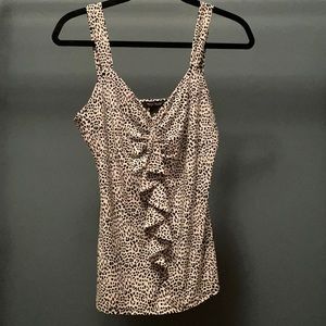 Black and white animal print ruffled blouse